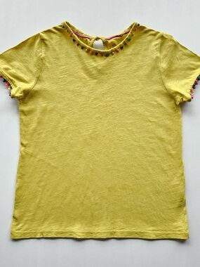 Mini Boden Summer Yellow Tee with Mini Colorful Pompon Trim Top 100% Cotton 8-9y